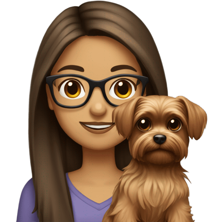 Hispanic, straight long Brown hair, girl with glasses holding tan yorkie dog emoji