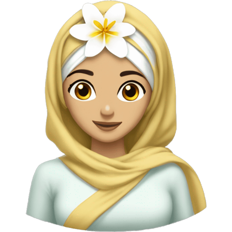  Jasmine flower with white petals and a yellow center of golden stamens. That is given by princess jasmine who wearing hijab emoji