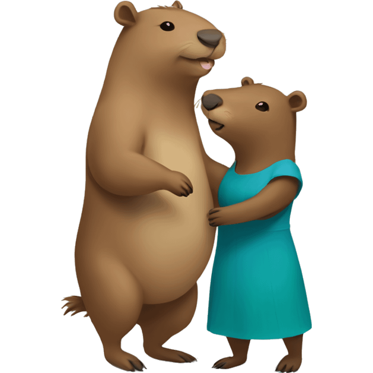 a capybara and a bear hugging. the capybara is wearing a green dress and the bear is wearing a blue dress. emoji