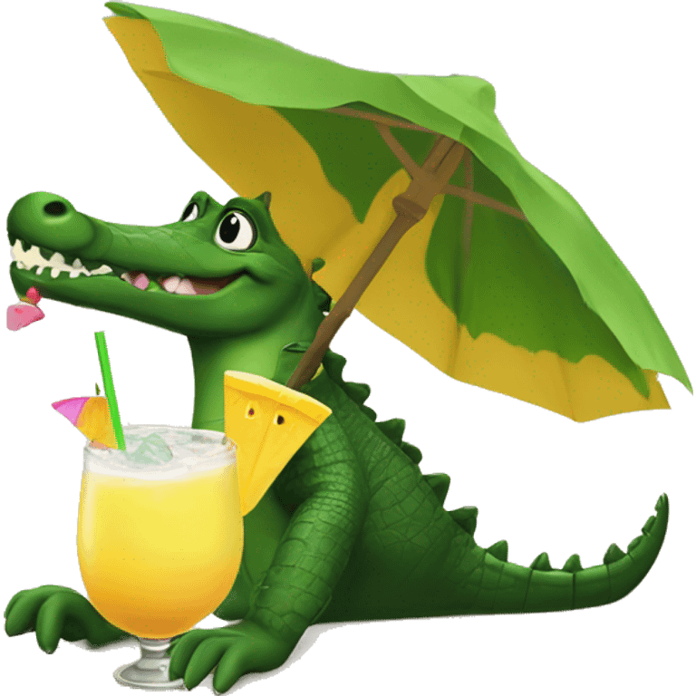 An alligator wearing a bikini sipping a piña colada at the beach emoji