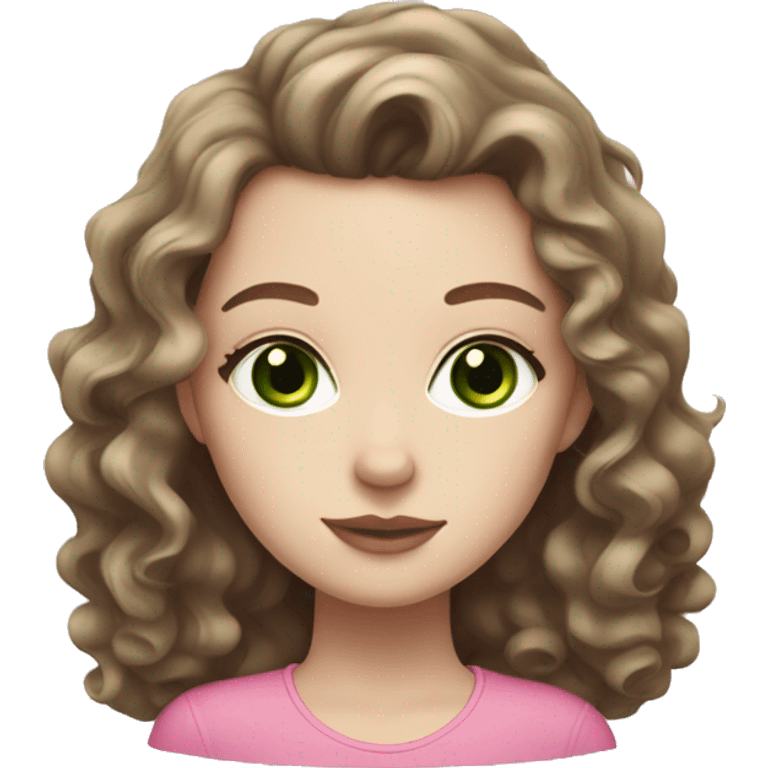 Girl with pale white skin, green eyes, long curly brown hair with pink lips. emoji