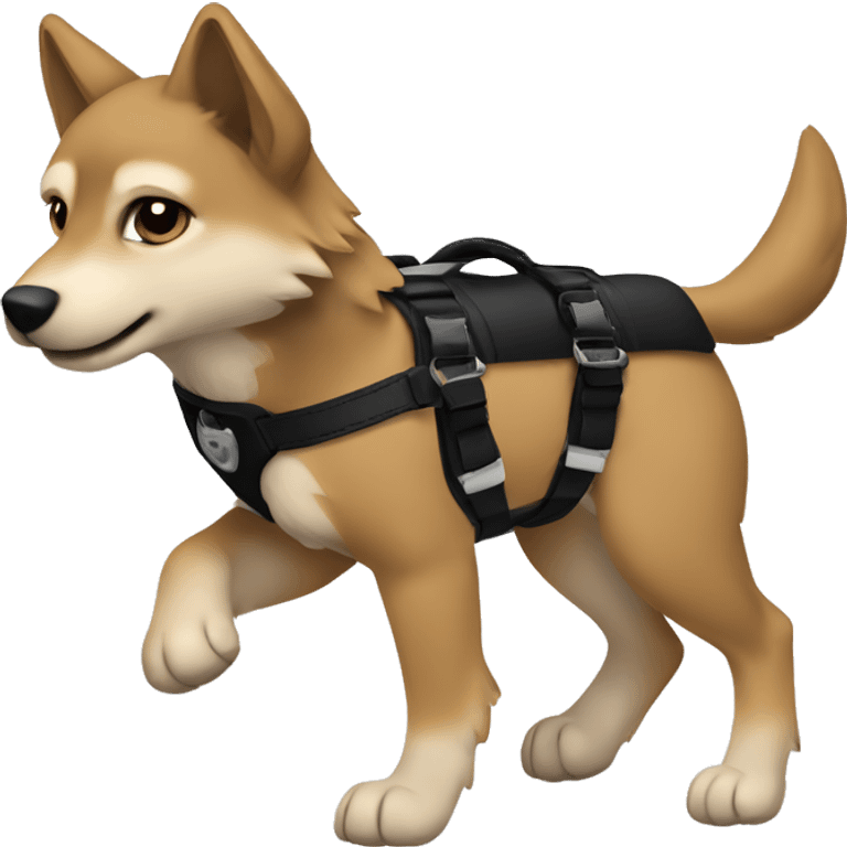 4 short legs a light brown puppy-like wolf with black hair on its ears with black harness is walking emoji