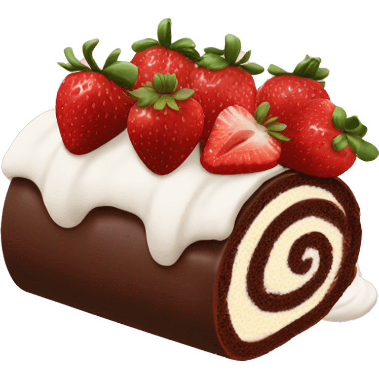 Chocolate Swiss roll birthday cake with sliced strawberries and popped cream swirls on top  emoji