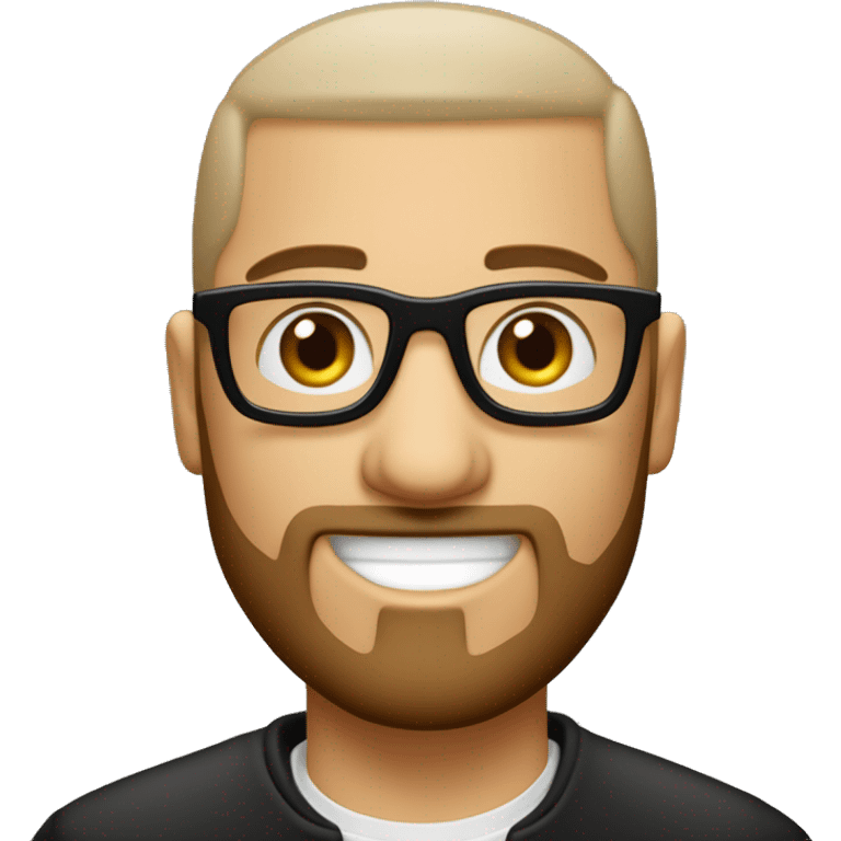 Un homme blanc avec une barbe noir rasé et des cheveux noir en buzz cut avec des yeux marron et des lunette fine et ronde qui travail sur un macbook emoji