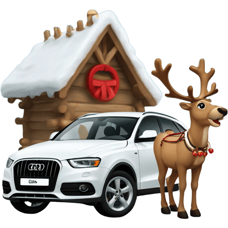 A reindeer harnessed to A white Audi Q3 with a red bridle and golden bells, set in a snowy winter scene. emoji