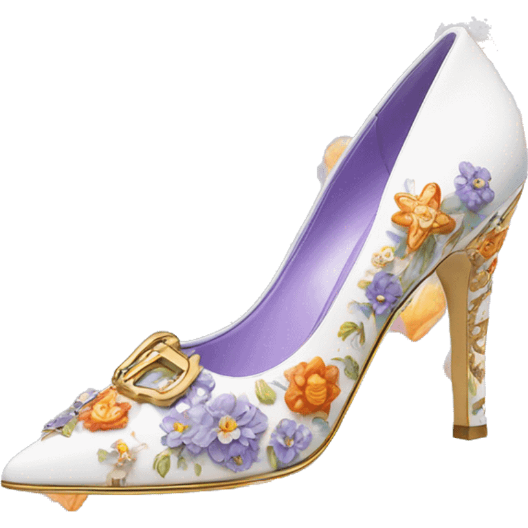 Dolce and Gabbana white high heels with colourful lavender light blue orange pink summer print and golden detais 2023 emoji