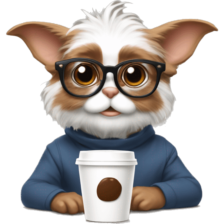 Cute and real gizmo from gremblins studyng with glasses and a coffee emoji