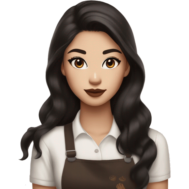 Beautiful half white half asian starbucks barista with long dark brown hair and cat eye makeup and glossy lips and blush emoji