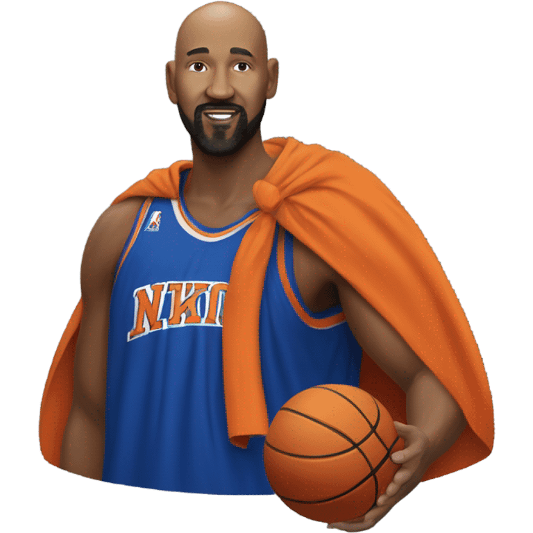 The Knicks with a bald head, beard and goatee, a blue and orange cape…spinning a basketball on its head. emoji