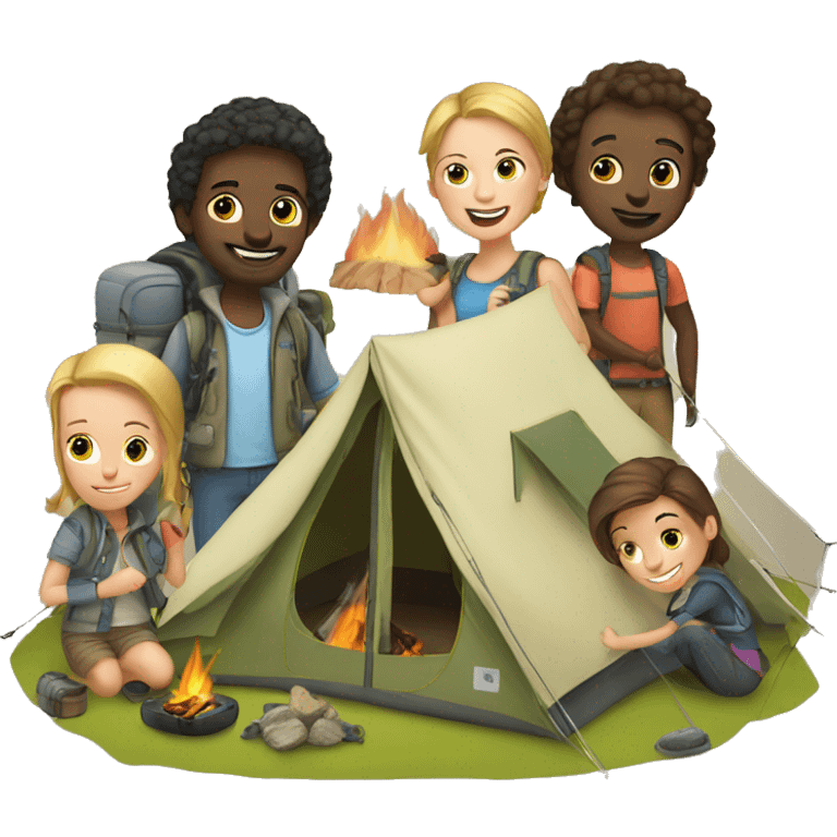 6 caucasian friends camping emoji