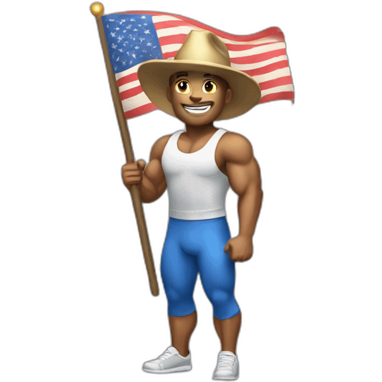 Create a full-body emoji of a muscular man, wearing a New Year's hat and holding a flag. emoji