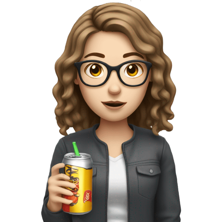 tired white girl with brown hair and glasses drinking energy drink emoji