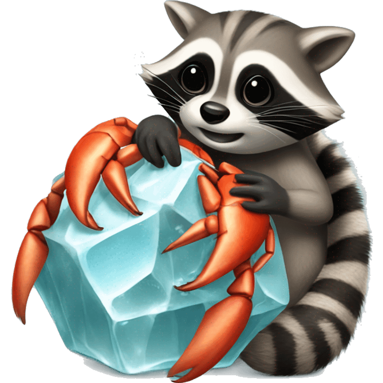 a raccoon hugs an ice cube which a crab inside emoji