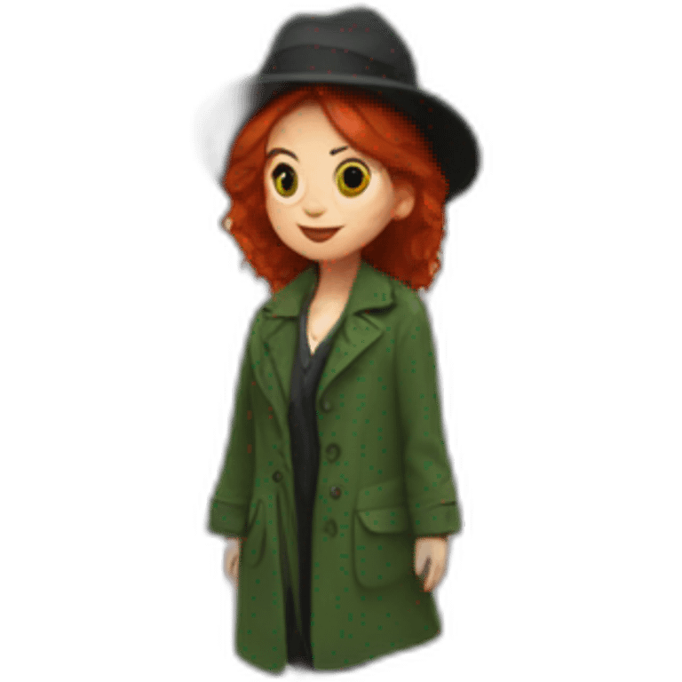 red hair girl in black hat and green coat emoji