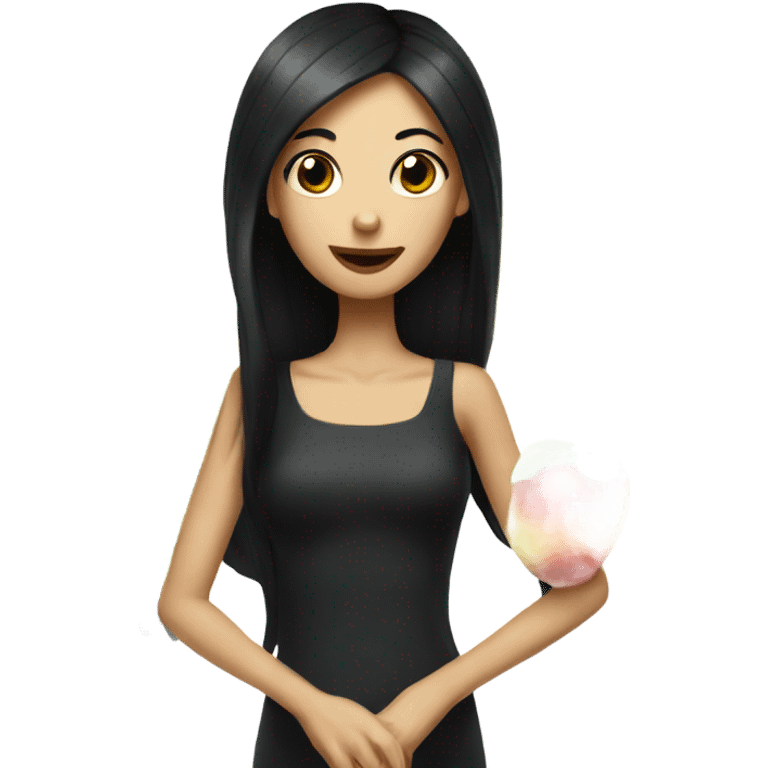 Beautiful skinny woman long black hair in dark dress with fruit emoji