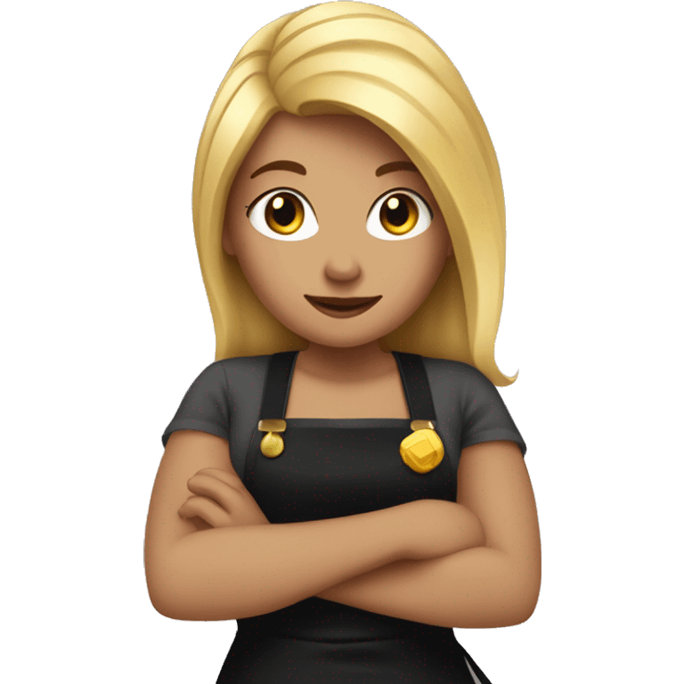 A blonde tall girl with a black apron and gold hair phon in a hand emoji