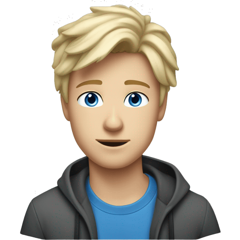 A boy with fair skin, blue eyes, slim build, 21 years old, blond tousled hair, sitting at a computer, an iMac. emoji