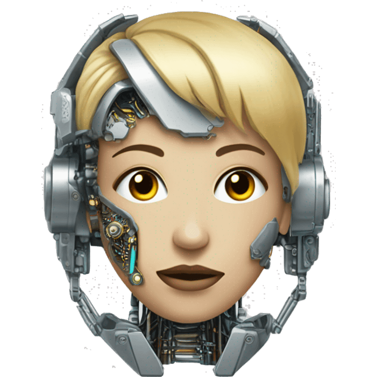 female cyborg head with metallic plated face, blonde bobbed hair and circuitry emoji