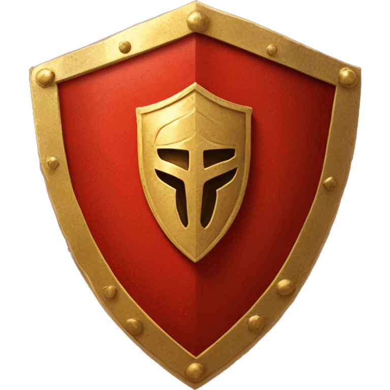 A bright red, Roman legionary shield with bold golden edges and a central gold boss. The shield features subtle geometric patterns and a worn texture, symbolizing both protection and battle readiness emoji