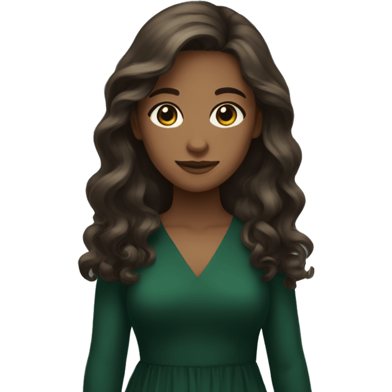 girl with brown long wavy hair, brown eyes, dark green dress emoji