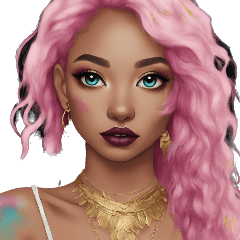 Pink magenta burgundy maroon cyan beige gray fox black eyeshadow wearing gold jewellery gold piercings gold ear piercing gold nose piercing vintage watercolour tie dye black raven wings emoji