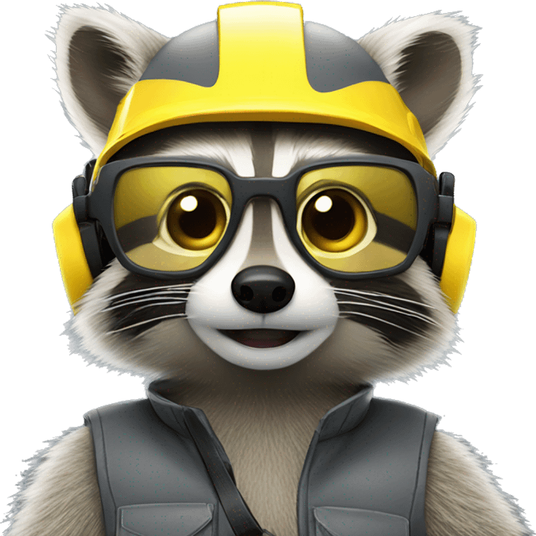 gray raccoon with yellow helmet, safety glasses and yellow ear protectors emoji