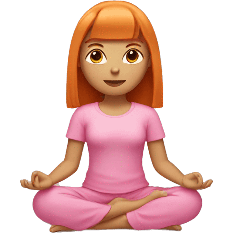 ginger girl with shoulder lenght straight hair with bangs wearing pink sitting in meditation emoji