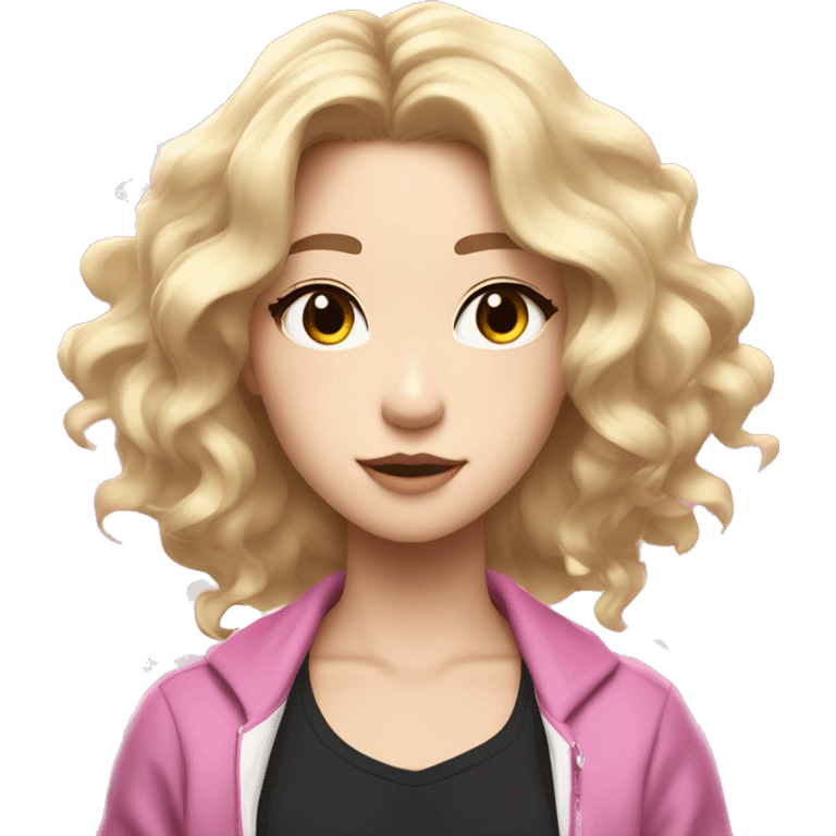 Blonde K-pop idol with wavy hair, almond eyes, natural makeup, and confident expression. Black background with lightning symbol and pink. emoji