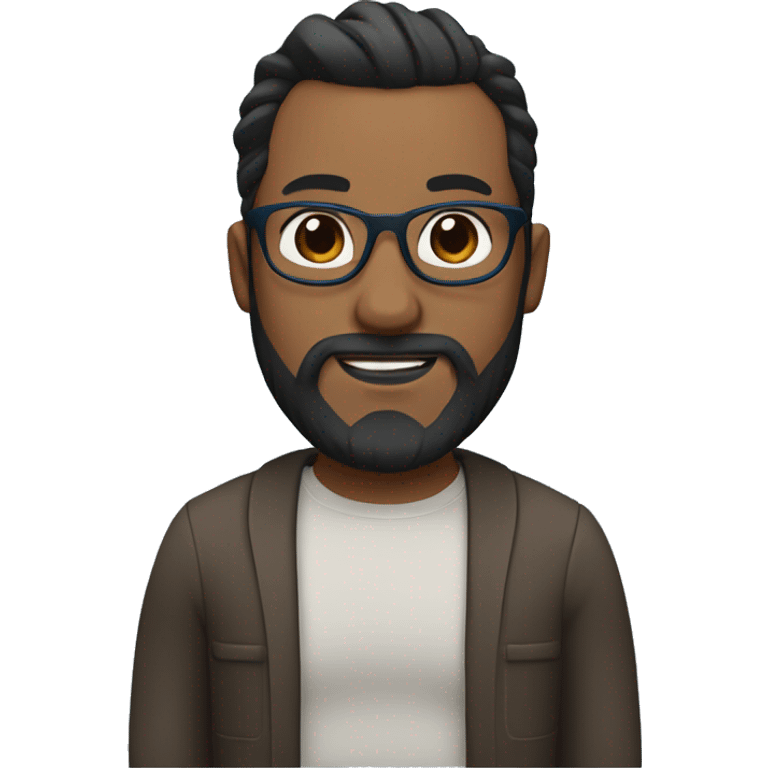 high Man bun with dark brown hair. Full beard, blue glasses, brown eyes. Blue glasses. Head is narrower above the cheeks emoji