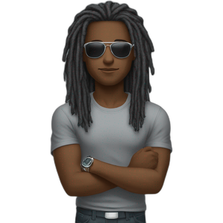 young black male with black long length dreadlocks and brown eyes, wearing grey T-shirt, having pilot sunglasses, while having crossed arms and having silver rolex on whrist emoji