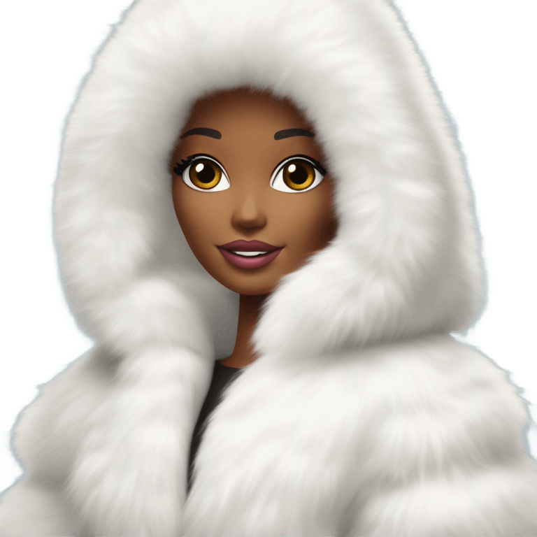 Barbie in an extremely big fluffy oversized white fur coat with hood on. The fur is real and it’s very obvious big and fluffy like in Pinterest  emoji