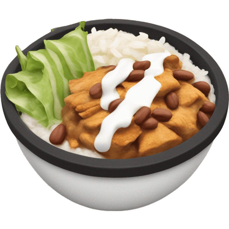 chipotle bowl with chicken, white rice, pinto beans, sour cream, lettuce, cheese emoji