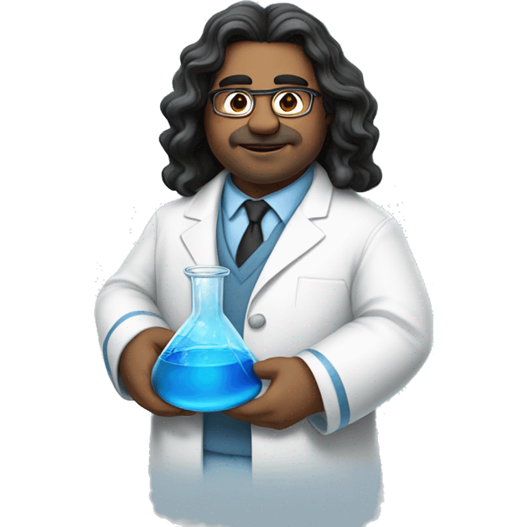 a fat chemist in a white coat with long wavy black hair holding a beaker with bright blue liquid, he has no glasses emoji