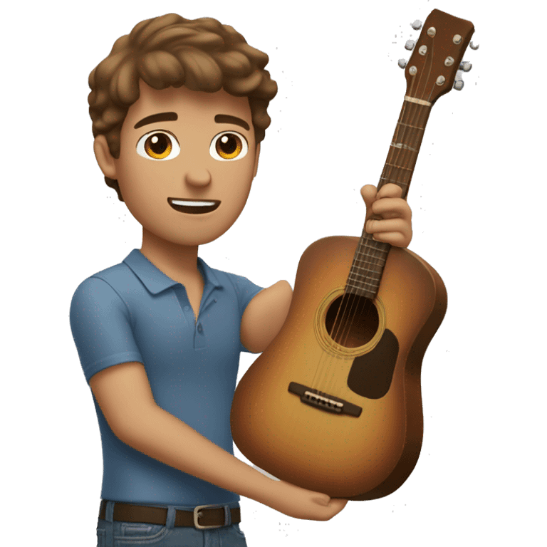 Brown haired guy playing guitar with short jean shorts on and a polo shirt emoji