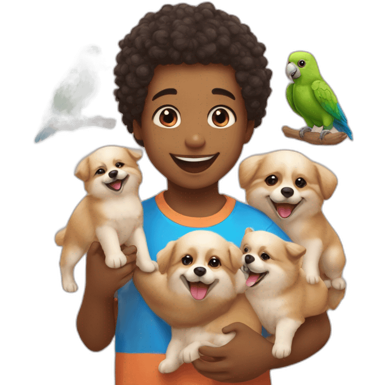 a cute little boy playing with his Pomeranian puppies with buddies parrot emoji