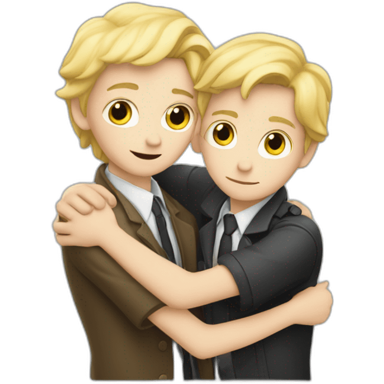 Two Boy detectives hug one blond with white skin and one African  black emoji