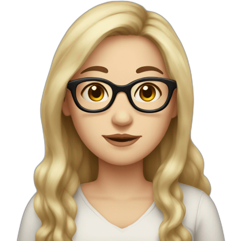 a dark long hair white woman with glasses and a little smile, little chubby, with rose cheeks, emoji