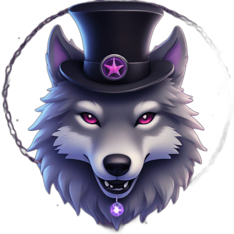 demonic wolf with a pentagram top hat and a pentagram chain with a haunting night background emoji