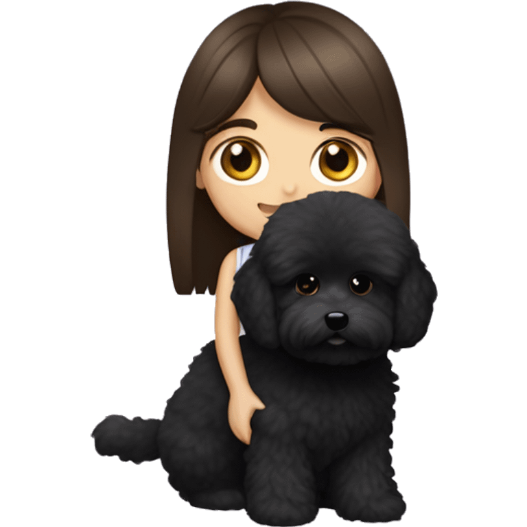 Caucasian Brunette girl long straight hair and hazel eyes, holding a black maltipoo with a white snout  to the side emoji