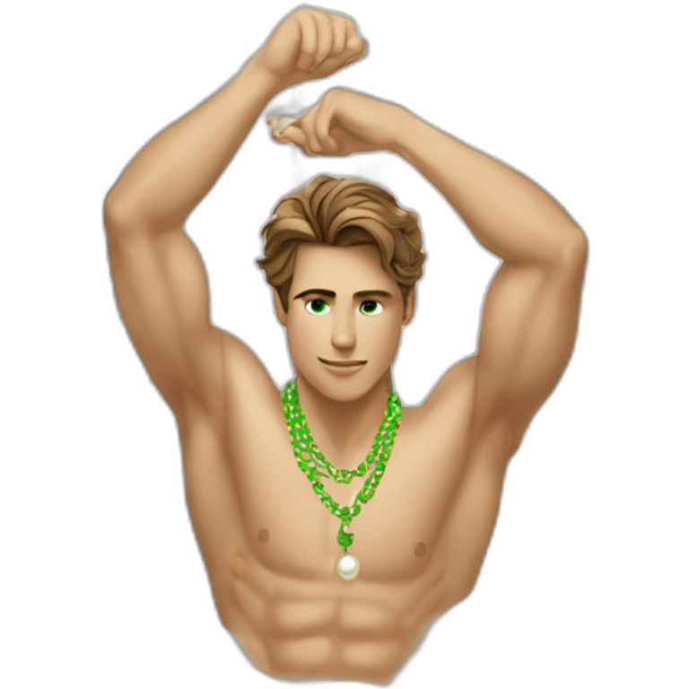 Posh-muscle-boy-brown-hair-green-eyes-pearl-necklace-in-golden-bathtub emoji