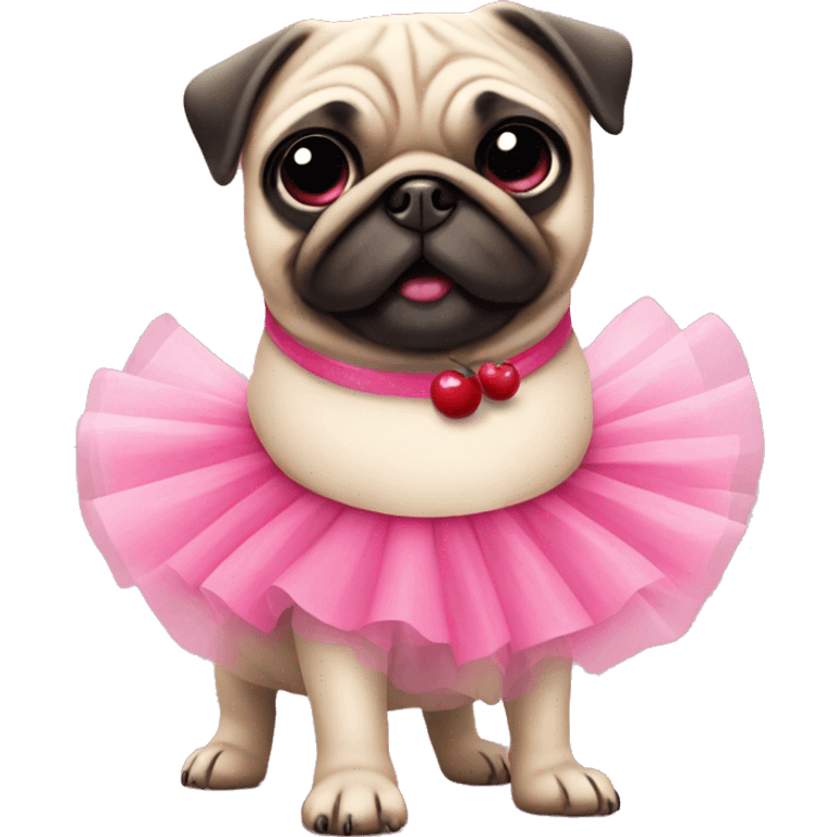 Fun pug wearing pink tutu and cherries emoji