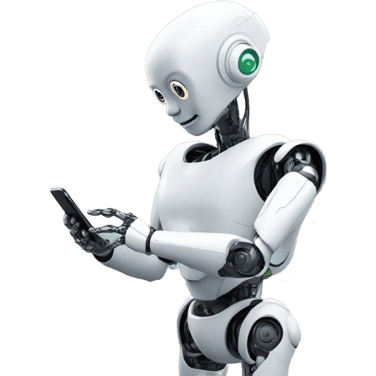 a humanoid robot looking at his iphone emoji