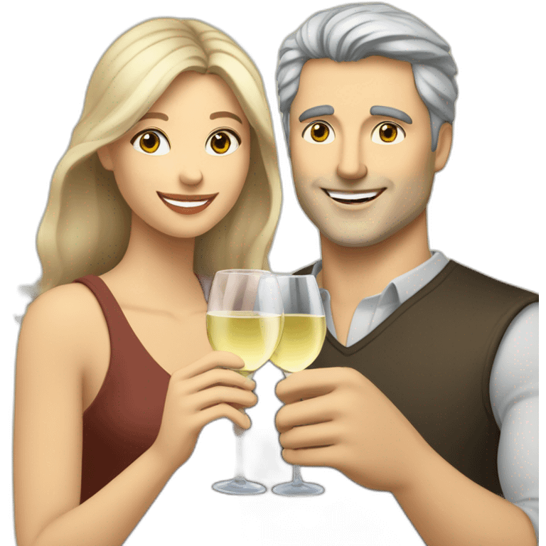 caucasian woman with brown eyes and blond medium long hair and a caucasian man with blue eyes and grey hair, toasting with a glass of white wine emoji