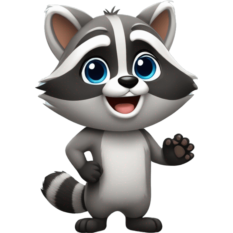 A cute fluffy raccoon waves his paw and greets emoji