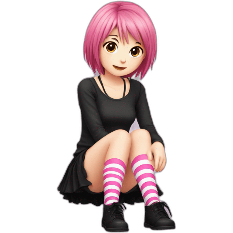 full body Front view emo girl sits on the floor black skirt pink knickers striped stockings emoji