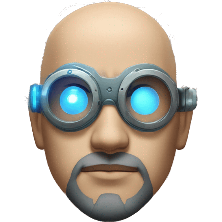  Bald Asian male cyborg head with light blue beard, red steampunk goggles and circuits emoji