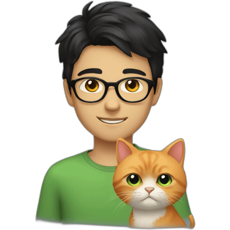 Boy with green eyes, glasses, with black short hair, with orange Persian cat emoji