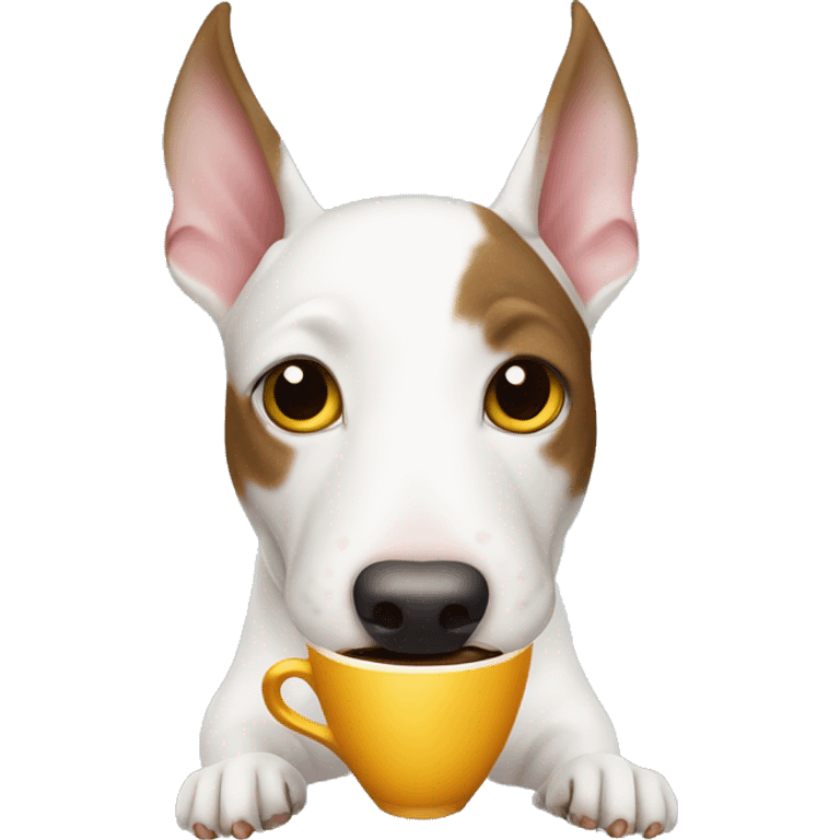 White bull terrier dog holding a coffee emoji