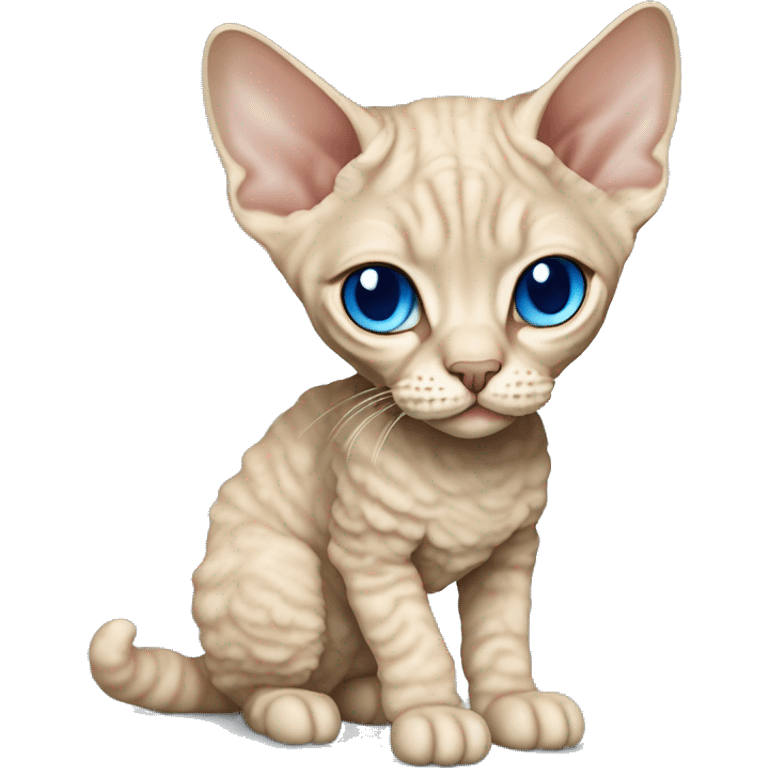 Beige curly fur Devon Rex Cat Full Body blue eyes  emoji