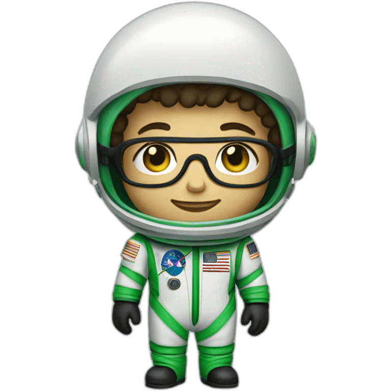 Light skinned Boy with black short curly hear and beard and glasses wearing a green and white astronaut suit emoji